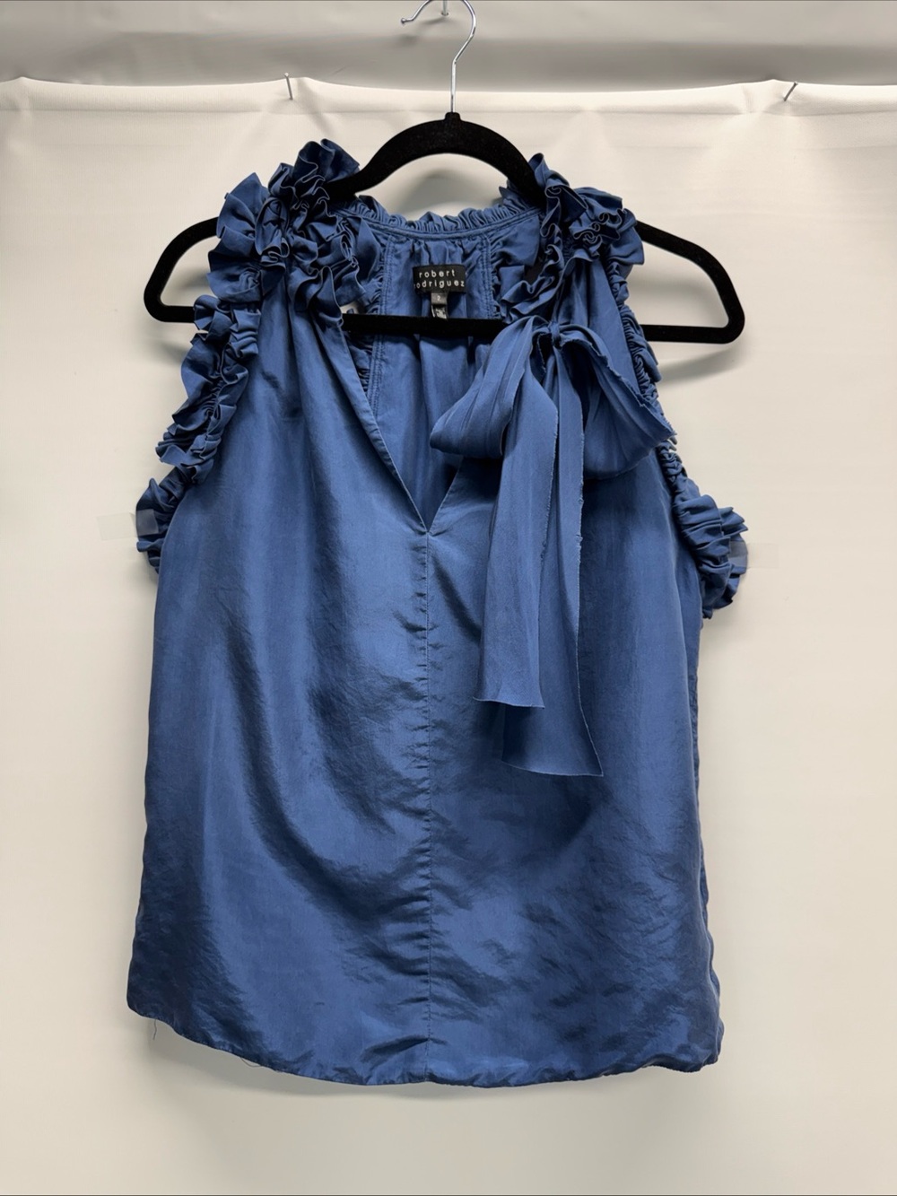 Robert Rodriguez Sz 2 Ruffled Bow Tie Front Racer Back Blue Double Silk Blouse